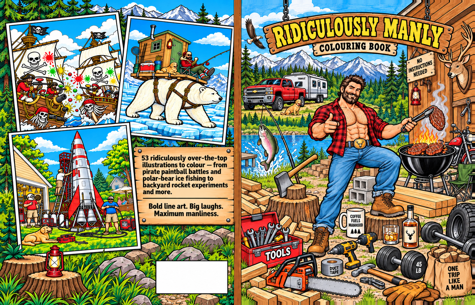 Colourful Ridiculously Manly cover, featuring an over-the-top backyard barbecue