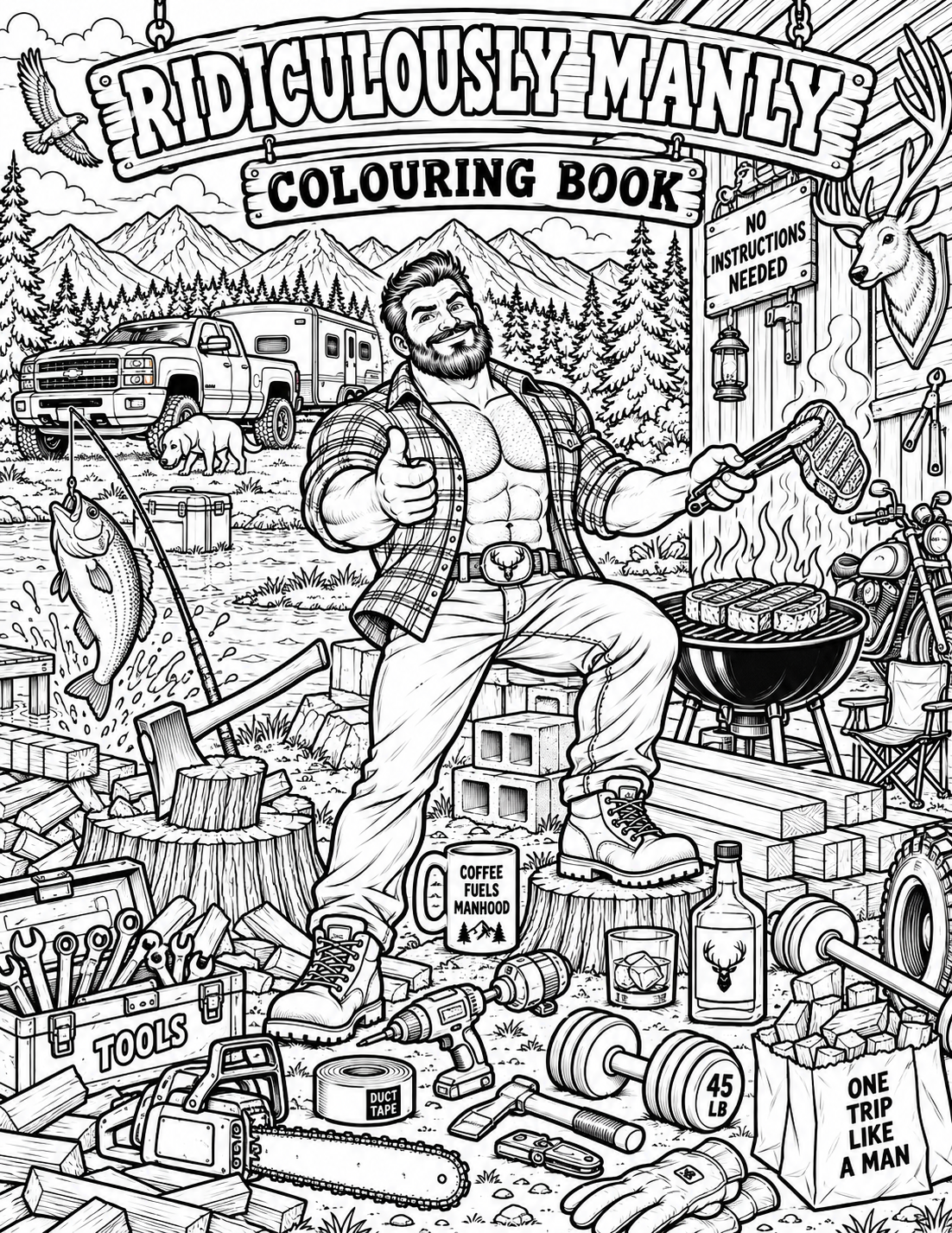 Black and white Ridiculously Manly barbecue colouring sample