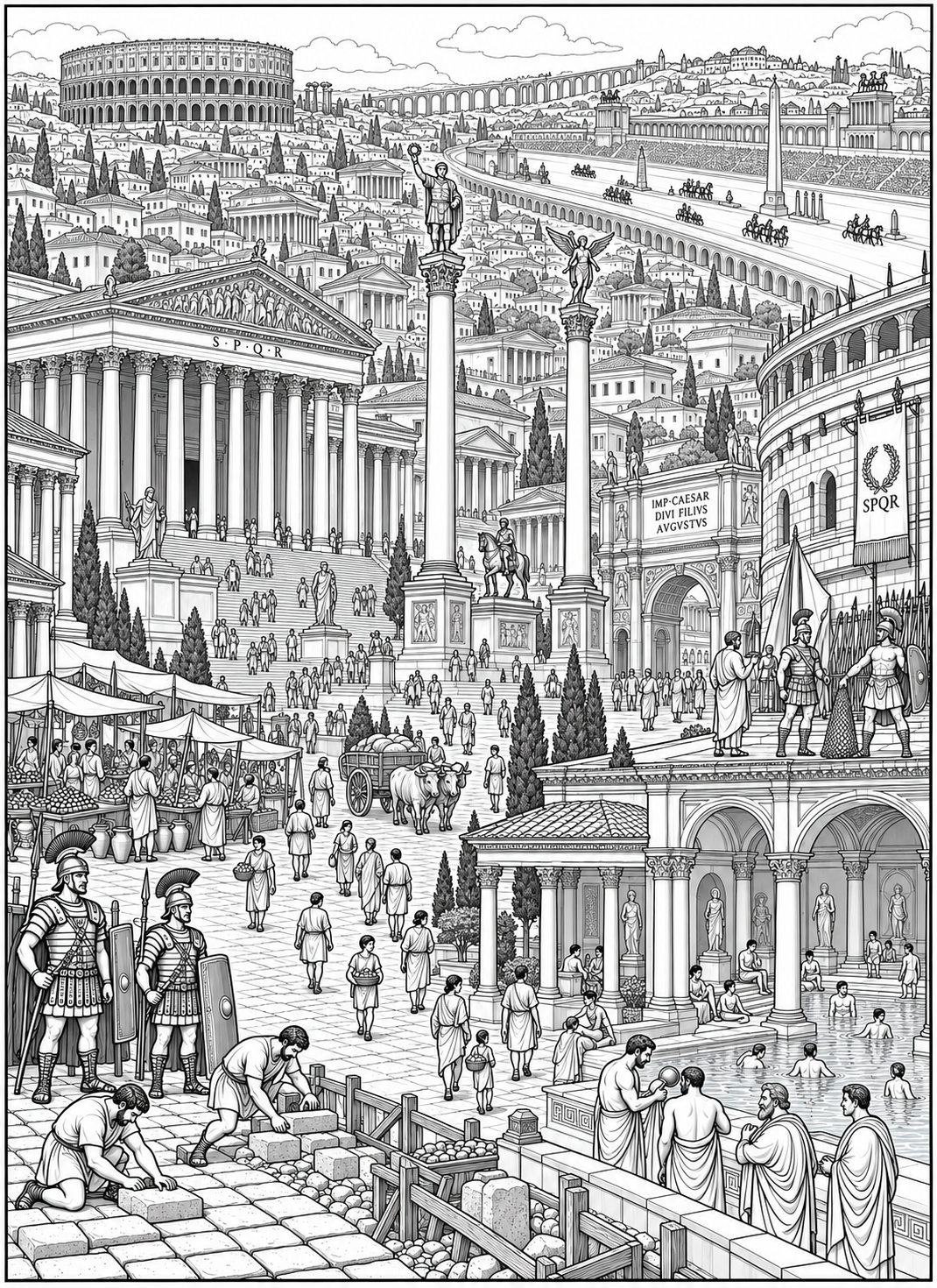 Detailed black and white illustration of an imagined ancient Roman city